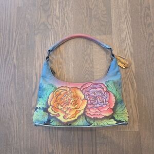 Anuschka Blue and Pink Floral Shoulder Bag